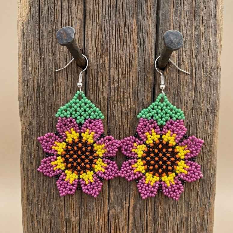 Sunflower Beaded Earrings (Purple)