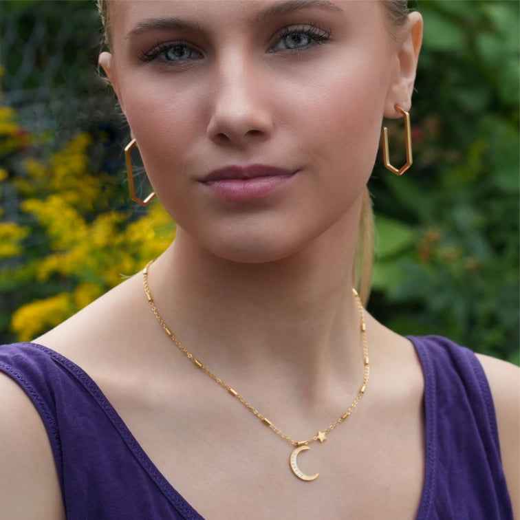ALMERIA Gold: Celestial Magic - Zirconia Embedded Crescent Moon and Star Necklace