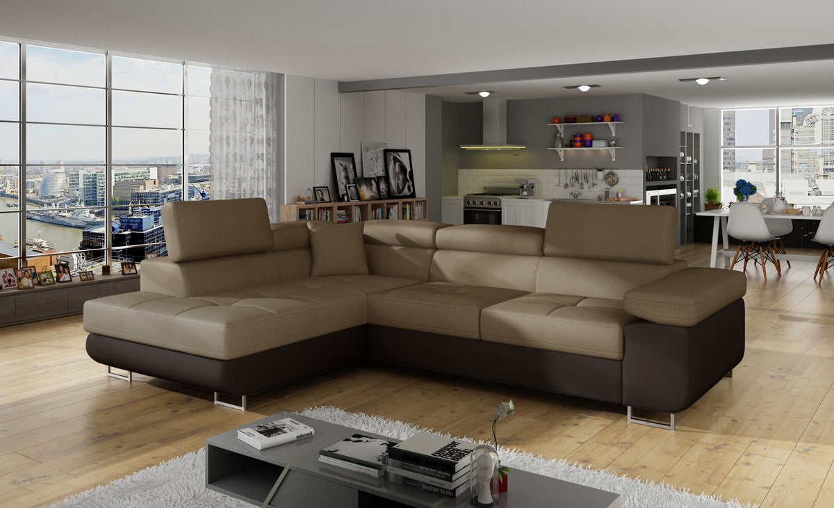 Anton Two-Tone Storage Sleeper Sectional Sofa - Beige/Dark Brown