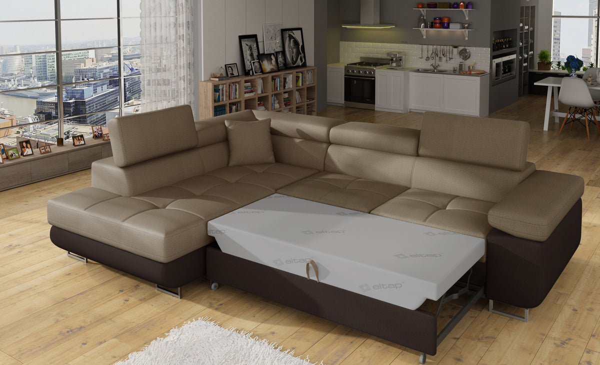 Anton Two-Tone Storage Sleeper Sectional Sofa - Beige/Dark Brown