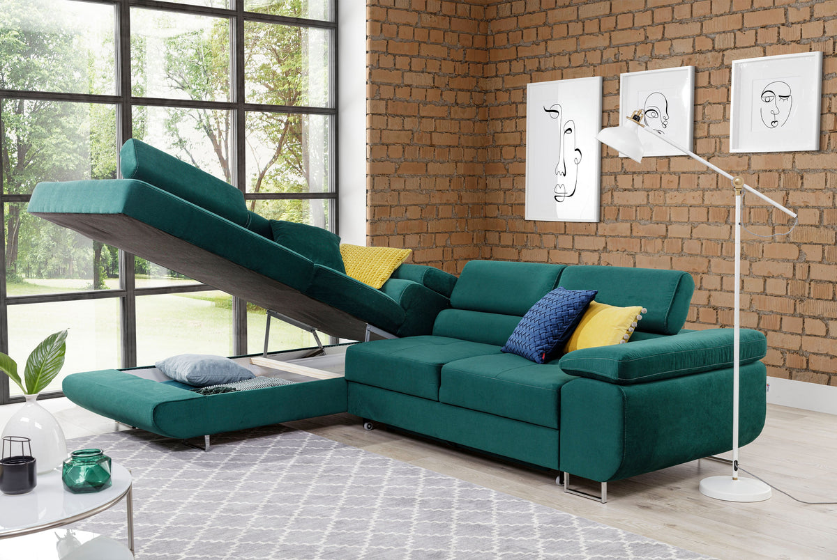 Anton Storage Sleeper Sectional Sofa - Emerald Green
