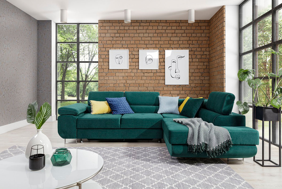 Anton Storage Sleeper Sectional Sofa - Emerald Green