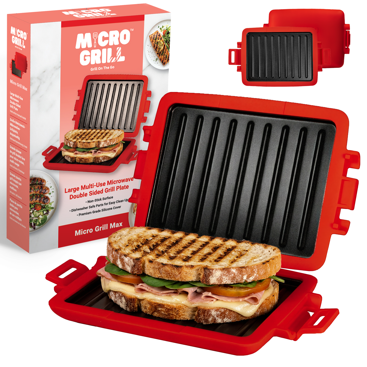 Micro Grill Max™ 電子レンジ用グリル＆サンドイッチメーカー – パニーニ、ステーキ、魚の切り身用大型電子レンジ調理器 – 電子レンジ対応、BPAフリー、食洗機対応 – 大きめのパンや食事に対応する大容量サイズ