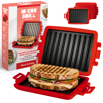 Micro Grill Max™ 電子レンジ用グリル＆サンドイッチメーカー – パニーニ、ステーキ、魚の切り身用大型電子レンジ調理器 – 電子レンジ対応、BPAフリー、食洗機対応 – 大きめのパンや食事に対応する大容量サイズ