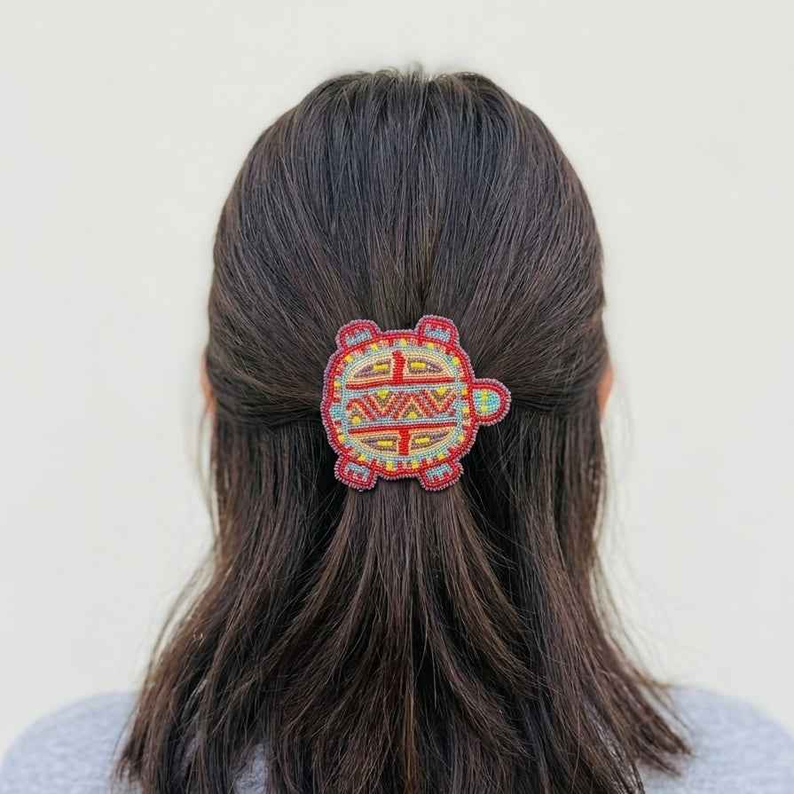 Beaded turtle Barrette Red accent