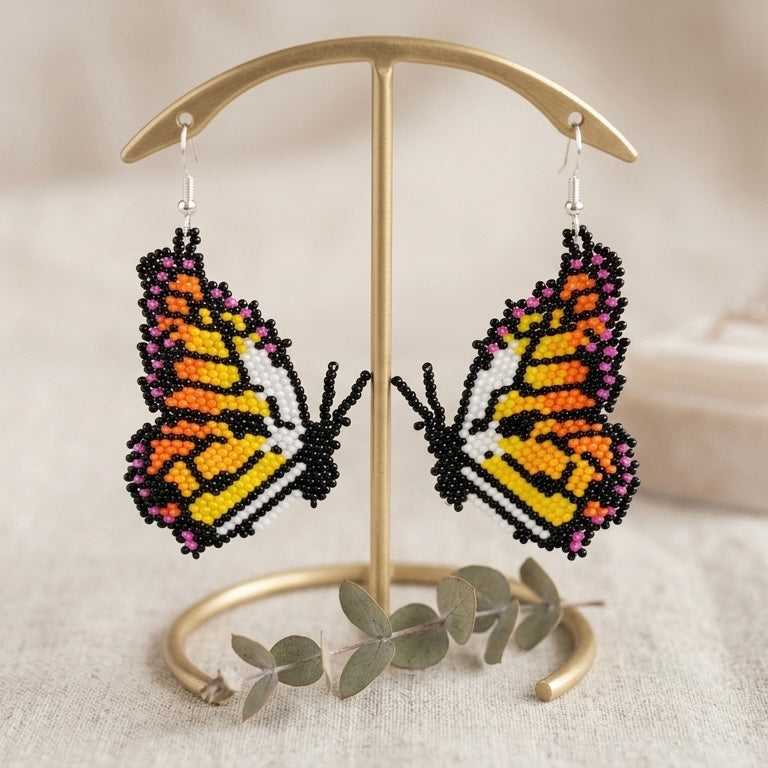 Red & White Butterfly Beaded Earrings