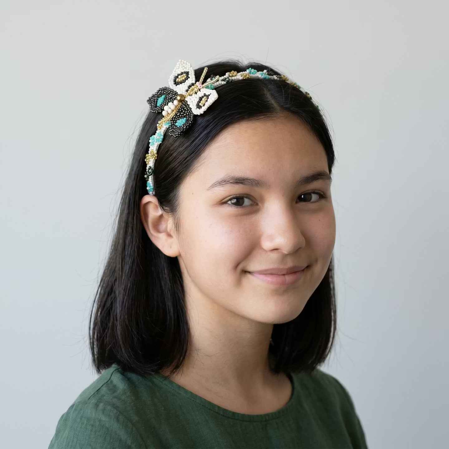 Beaded Headband with Butterfly Turquoise