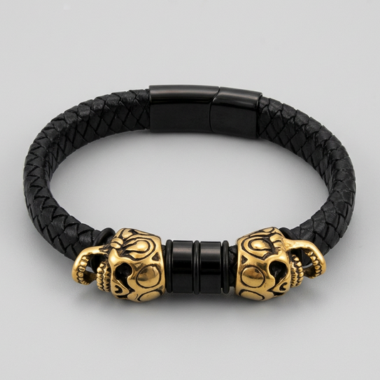 Men's Braided Leather Skull Charm Bracelet | Stainless Steel Accents