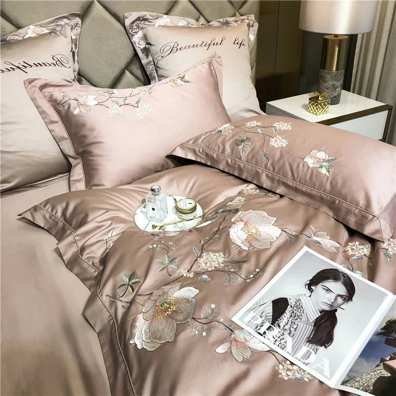 Belle Maison Embroidered Egyptian Cotton 1000 TC Duvet Set - Blush