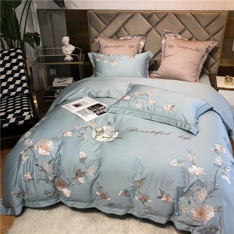 Belle Maison Embroidered Egyptian Cotton 1000 TC Duvet Set - Steel Blue