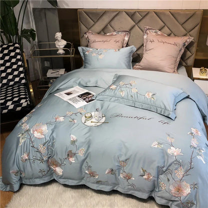 Belle Maison Embroidered Egyptian Cotton 1000 TC Duvet Set - Steel Blue