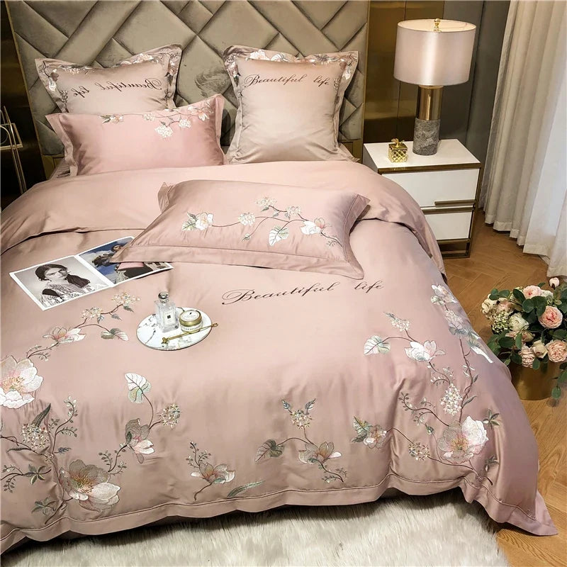 Belle Maison Embroidered Egyptian Cotton 1000 TC Duvet Set - Blush