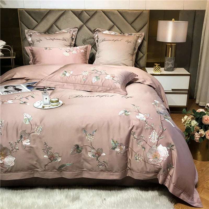 Belle Maison Embroidered Egyptian Cotton 1000 TC Duvet Set - Blush