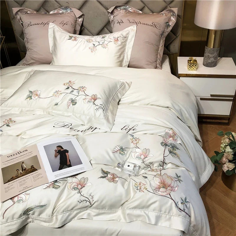 Belle Maison Embroidered Egyptian Cotton 1000 TC Duvet Set - Ivory