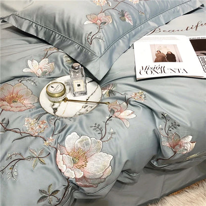 Belle Maison Embroidered Egyptian Cotton 1000 TC Duvet Set - Steel Blue