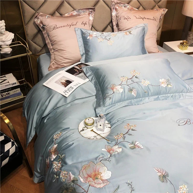Belle Maison Embroidered Egyptian Cotton 1000 TC Duvet Set - Steel Blue
