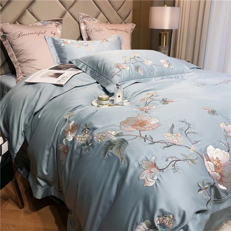 Belle Maison Embroidered Egyptian Cotton 1000 TC Duvet Set - Steel Blue