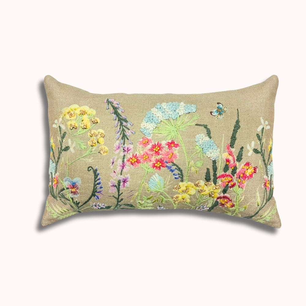 12x20" Besticktes Wildblumen-Lendenkissen – Vorderseite Baumwolle, Rückseite Papiersatin