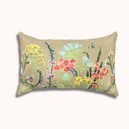 12x20" Besticktes Wildblumen-Lendenkissen – Vorderseite Baumwolle, Rückseite Papiersatin