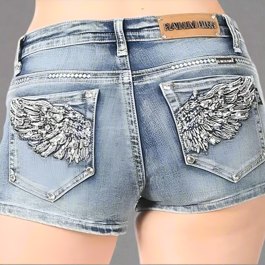 Bus Stop Women's Rhinestone Angel Wing Denim Shorts