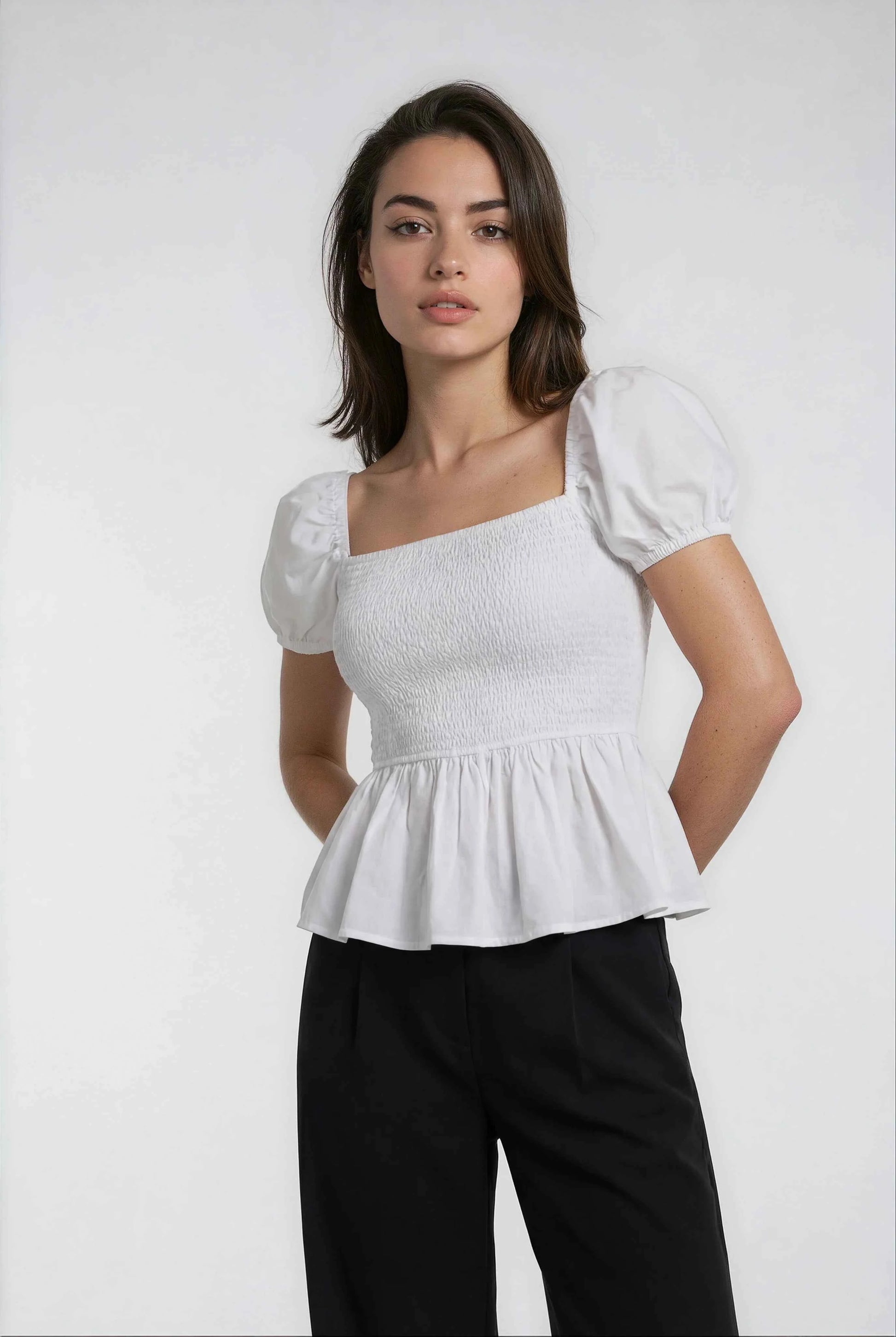 Sera – Cotton Poplin Puff Sleeve Peplum Blouse Top In White