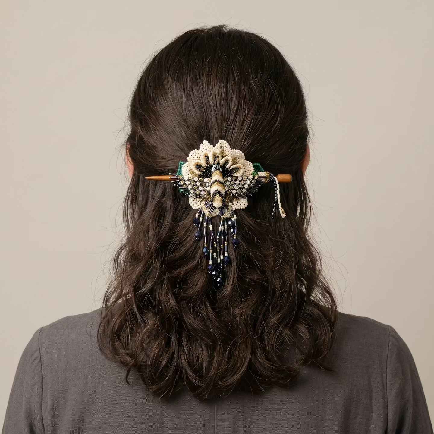 Maple Blossom Hummingbird Beaded Hair Stick Barrette White