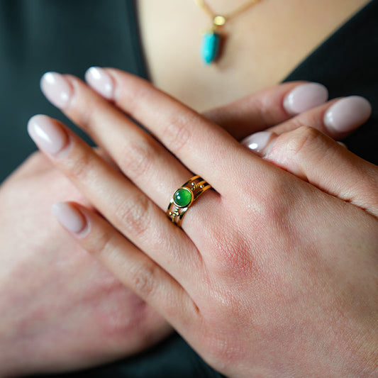 CHESILDA: 3-Layer Ring with Ball Beads Adornments and a Natural Stone Centre Piece