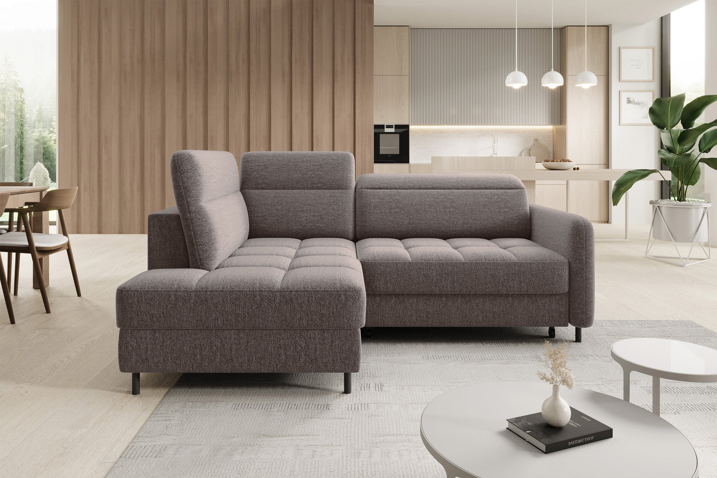 Barea 3 Seater Storage Sleeper Chaise Sofa - Fudge Brown