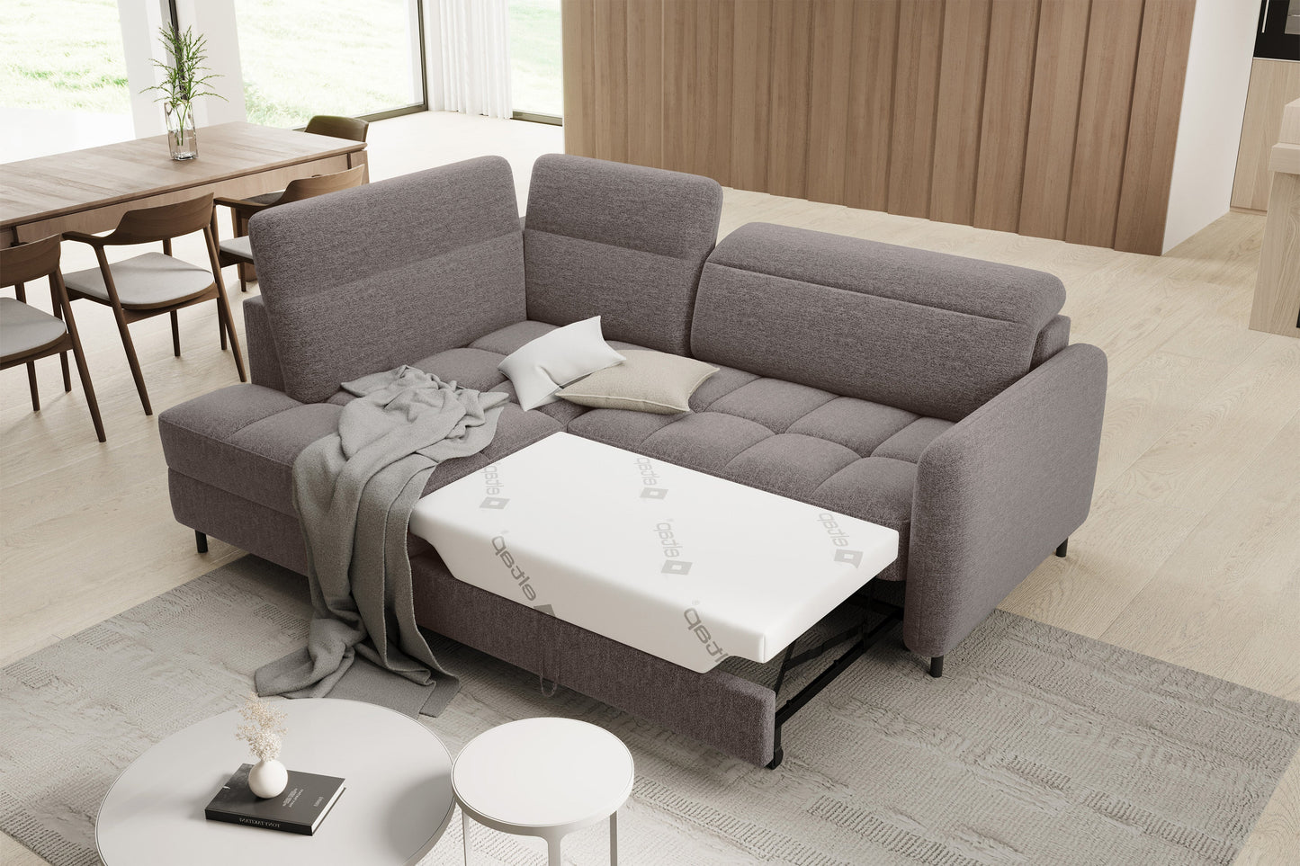 Barea 3 Seater Storage Sleeper Chaise Sofa - Fudge Brown