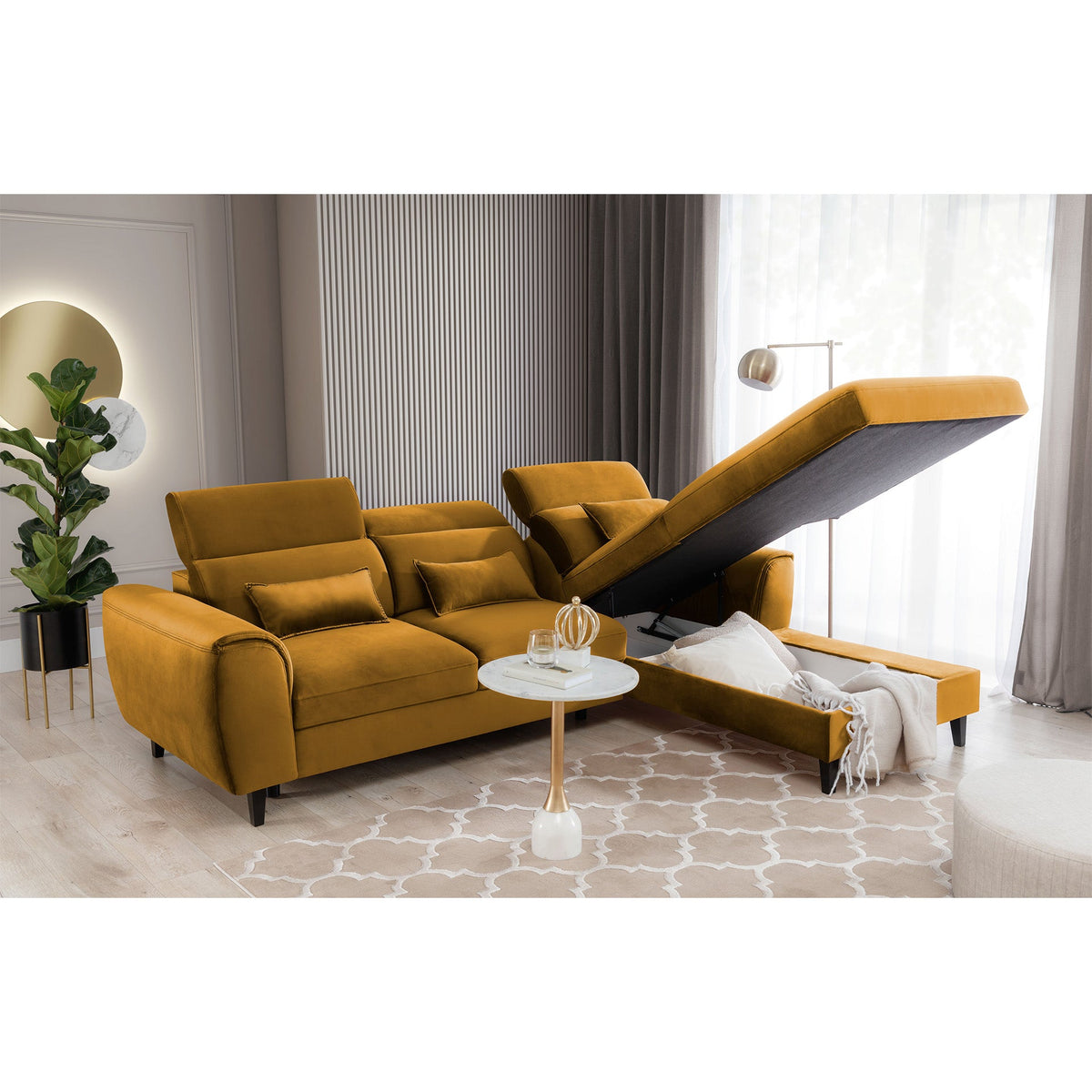Foble Sectional Storage Sleeper Chaise Sofa - Mustard