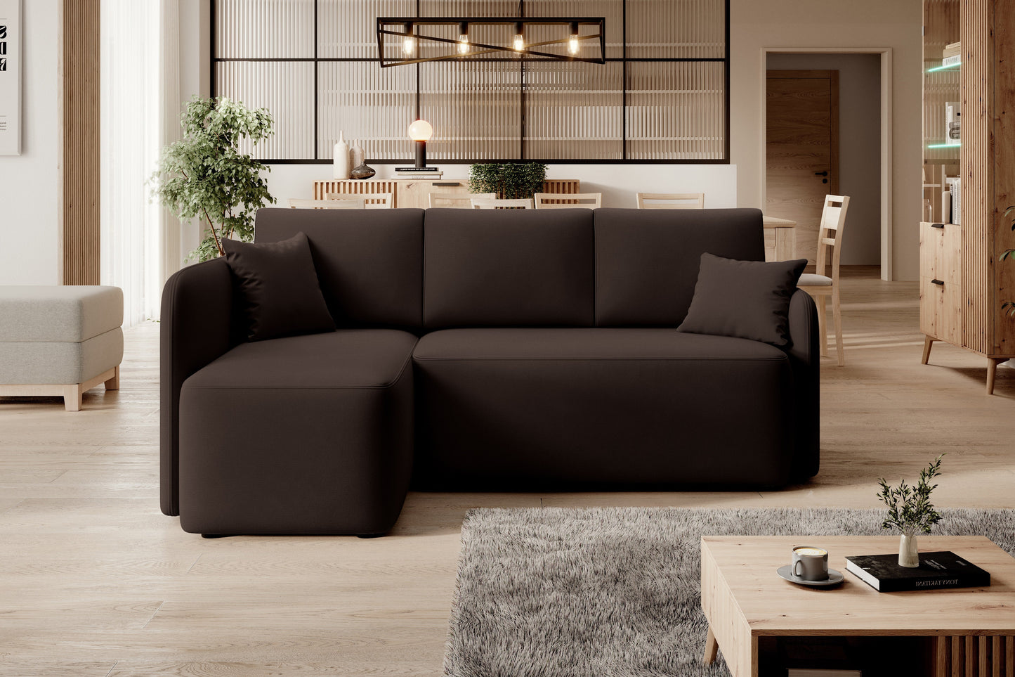 Hadson 3 Seater Storage Sleeper Chaise Sofa - Dark Brown