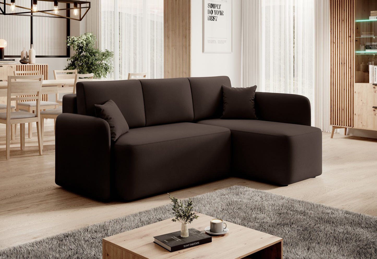 Hadson 3 Seater Storage Sleeper Chaise Sofa - Dark Brown