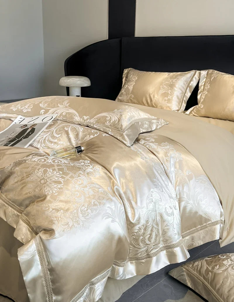 Celestia Satin Jacquard Luxury Duvet Set - Ivory/Light Grey/Blush