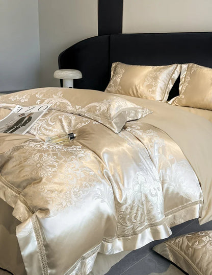 Celestia Satin Jacquard Luxury Duvet Set - Ivory/Light Grey/Blush