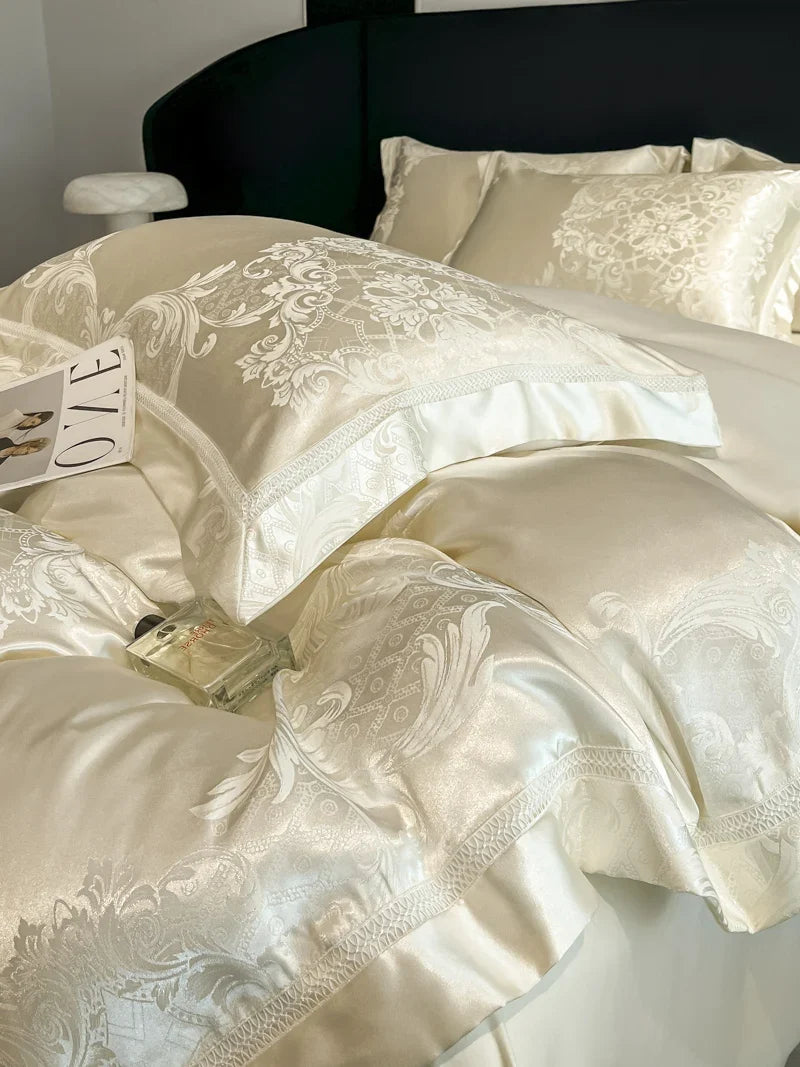 Celestia Satin Jacquard Luxury Duvet Set - Ivory/Light Grey/Blush
