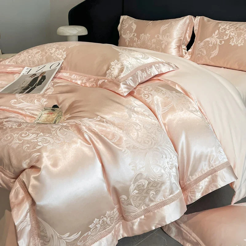 Celestia Satin Jacquard Luxury Duvet Set - Ivory/Light Grey/Blush