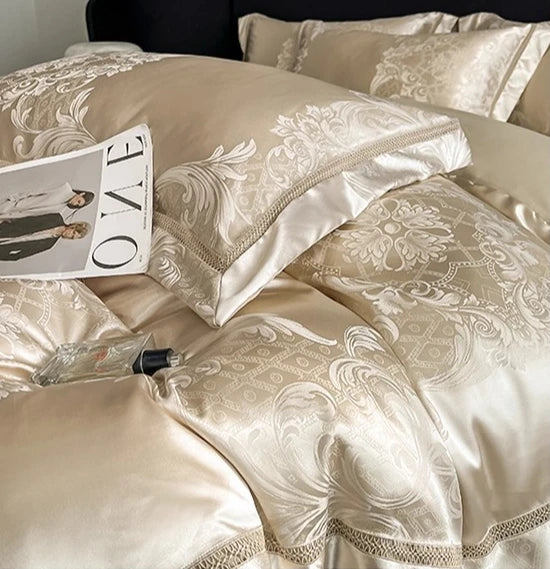 Celestia Satin Jacquard Luxury Duvet Set - Ivory/Light Grey/Blush