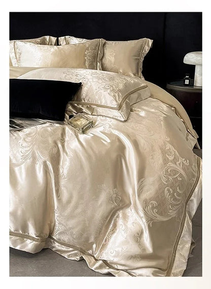 Celestia Satin Jacquard Luxury Duvet Set - Ivory/Light Grey/Blush