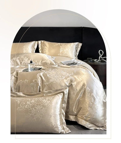 Celestia Satin Jacquard Luxury Duvet Set - Ivory/Light Grey/Blush