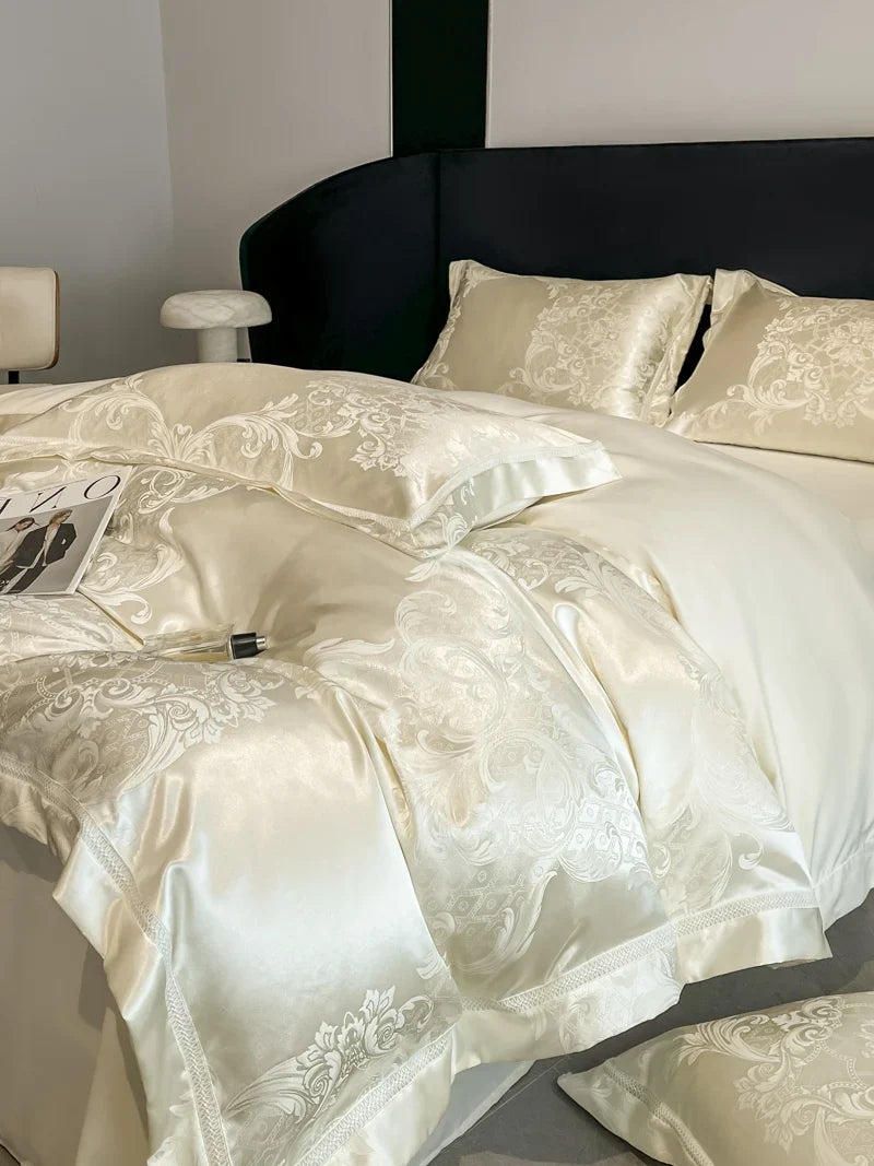 Celestia Satin Jacquard Luxury Duvet Set - Ivory/Light Grey/Blush