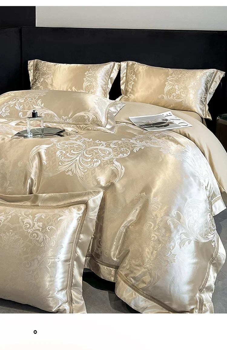 Celestia Satin Jacquard Luxury Duvet Set - Ivory/Light Grey/Blush