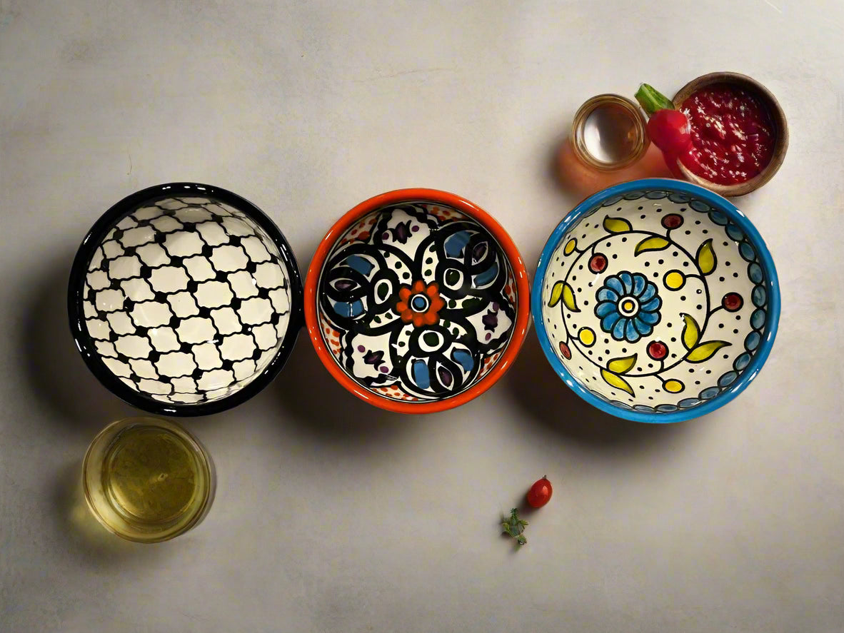 Handgefertigte Keramikschalen für Soßen & Dips – 3,5 Zoll | K8ffiyeh, Blau & Gelb, Orange Designs
