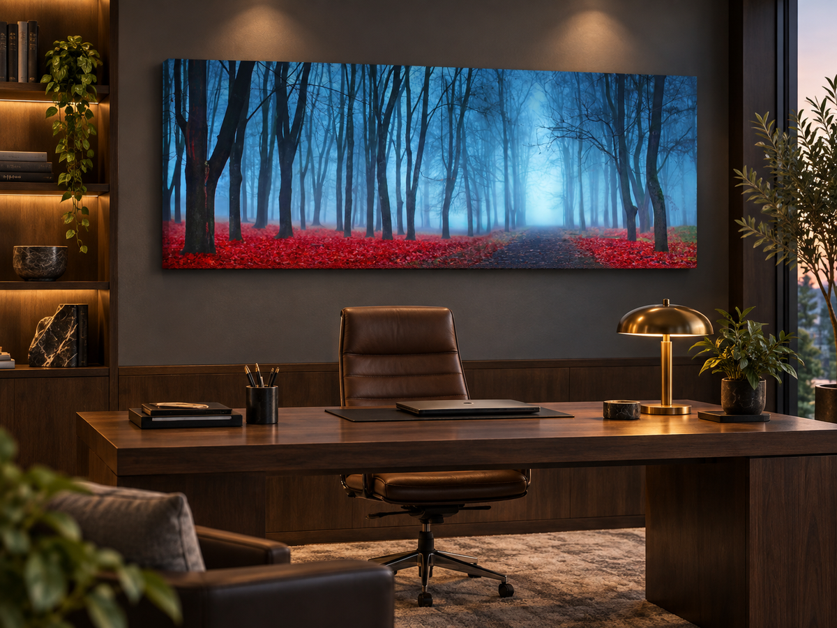 Leinwandbild - Blaue Nebelbäume - Wandkunst