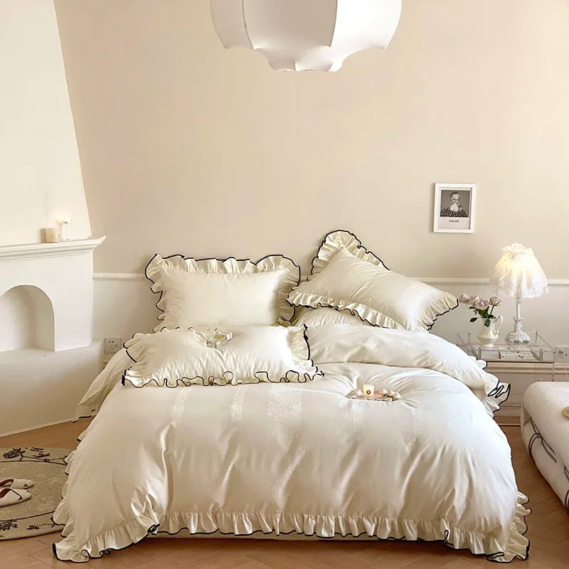 Château Ruffle Elegant 1000 TC Egyptian Cotton Duvet Set - Ivory/Blush