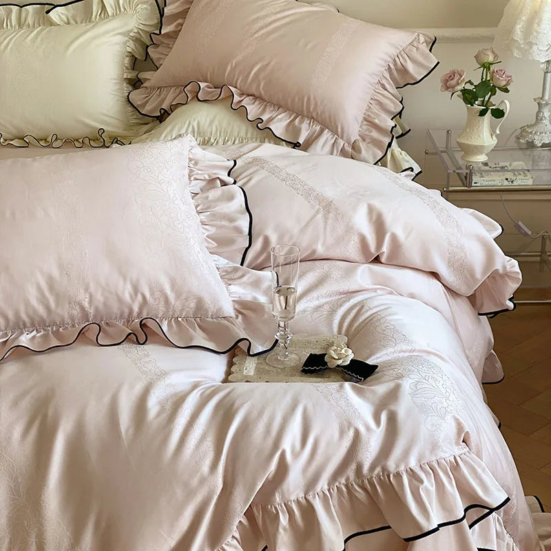 Château Ruffle Elegant 1000 TC Egyptian Cotton Duvet Set - Ivory/Blush