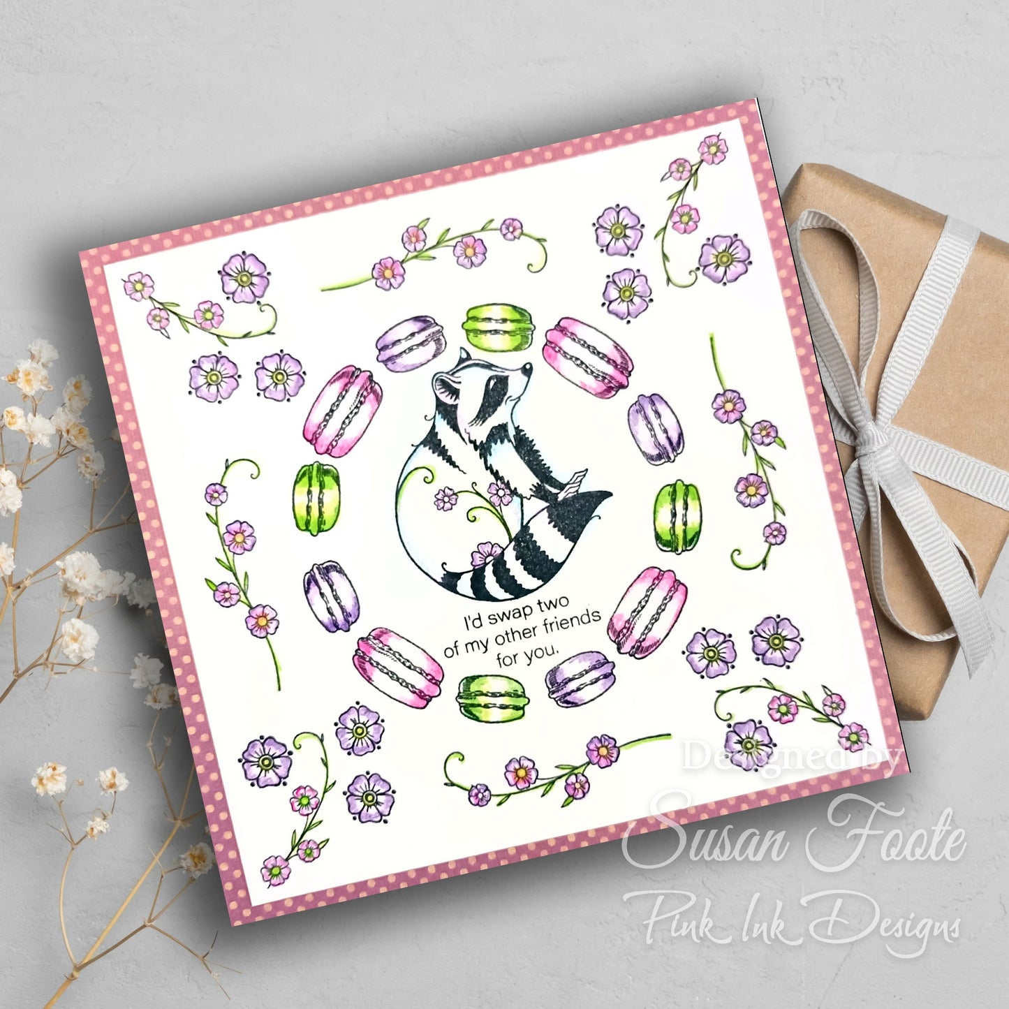 Pink Ink Designs Macaroon Racoon 6 in x 8 in Clear Stamp Set