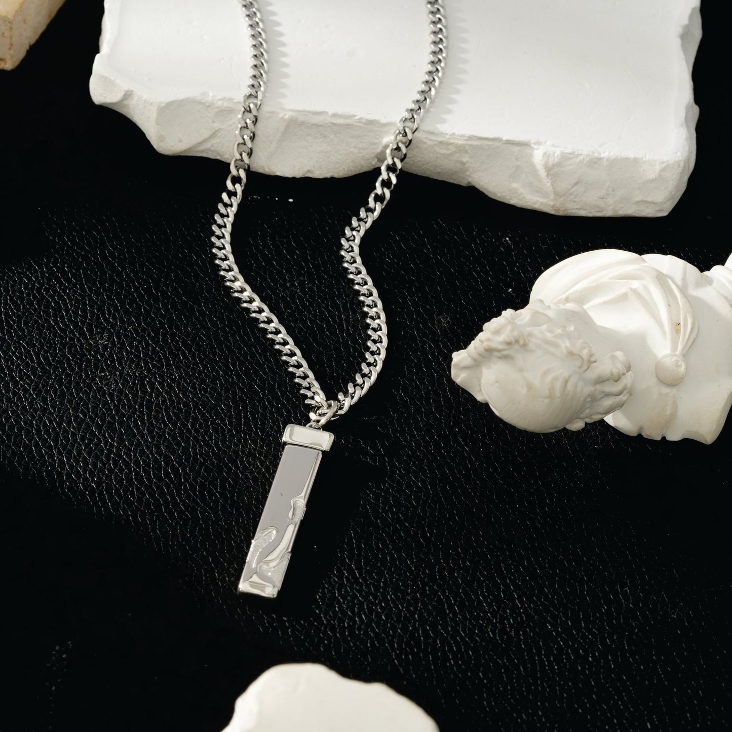 DAKARIA SILVER (White Gold): Chipped Effect Geometric Pendant on a Link Chain For Men & Women