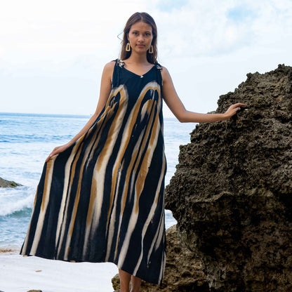 Bold Abstract Tie Dye Long Dress In Grey & Gold