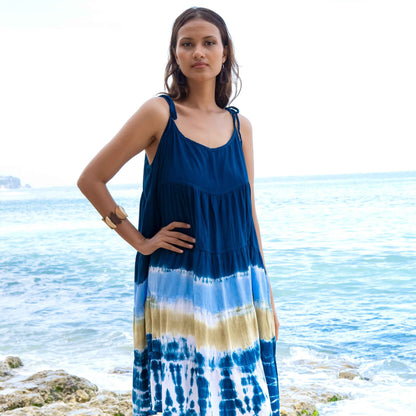 Beach Stripe & Tie Dye Short Tiered Dress In Navy