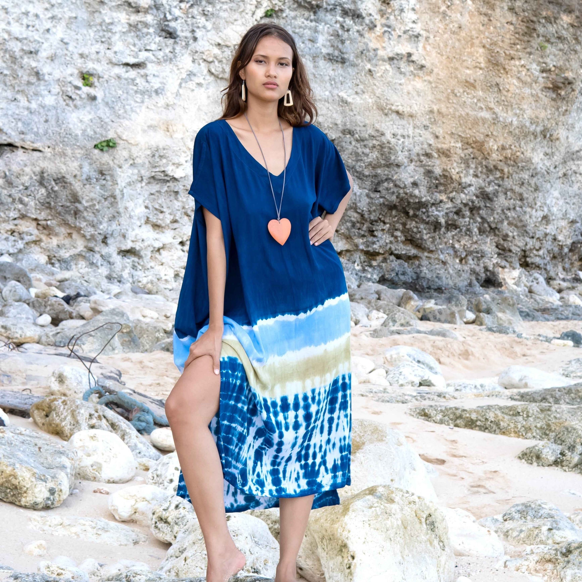 Beach Stripe & Tie Dye Kaftan In Blue